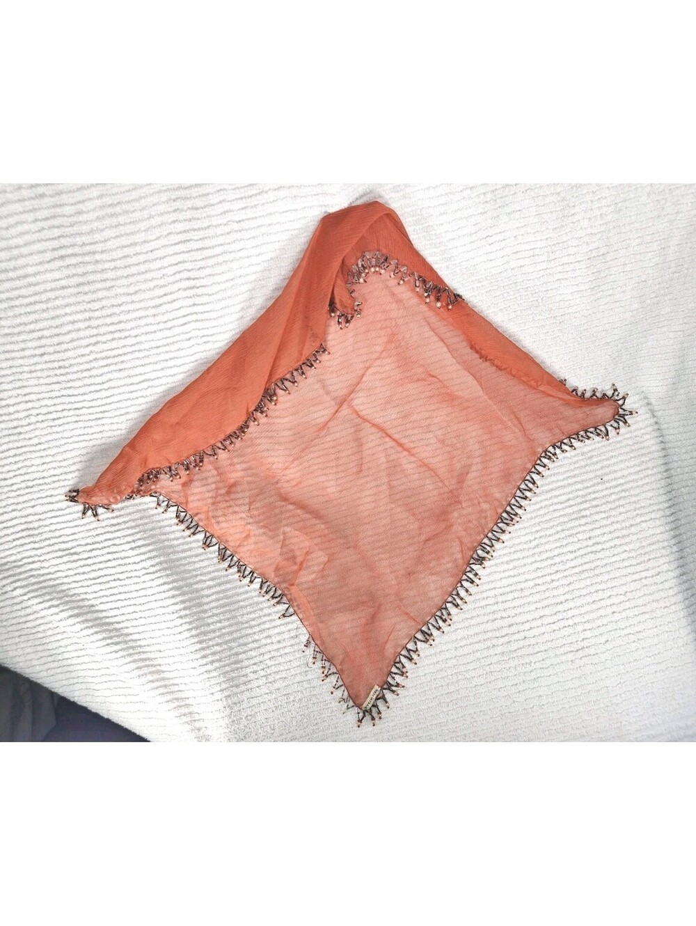 Vintage 1950s Bead Fringe Silk Scarf Bias Coral Orange Pinup Made in France Rare